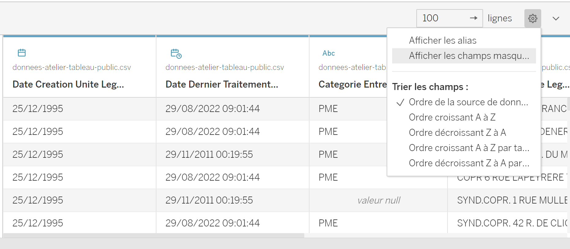 Les données importées sous forme de tableau dans Tableau